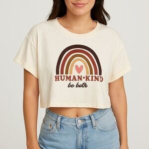 Love & Lazy Days Crop Top‎ Shirt XL Cream Rainbow Graphic Human Kind Casual